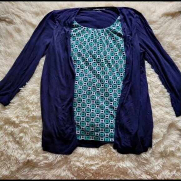 Croft & Barrow Navy Blue Sweater with Green Design Attached Blouse Women's Med - Picture 1 of 7